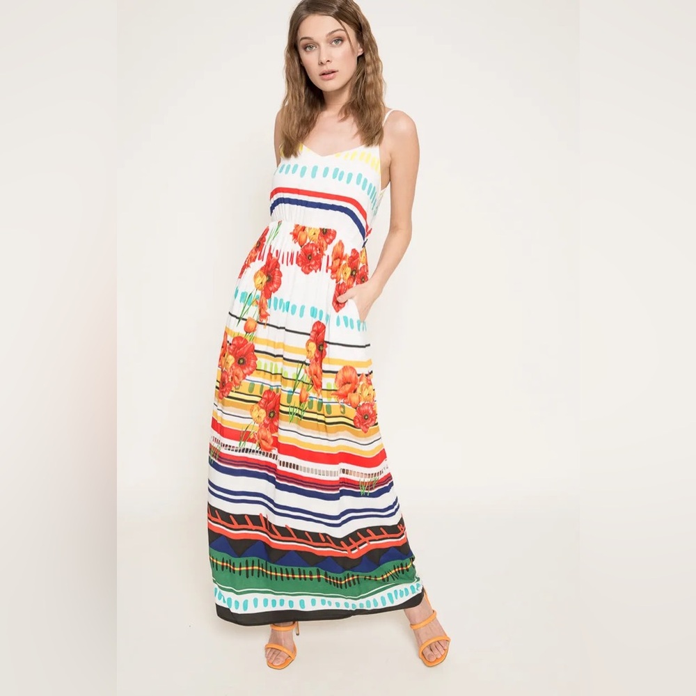 DESIGUAL Sophie Floral Woven Maxi Dress White Orange Red Abstract Print - XS